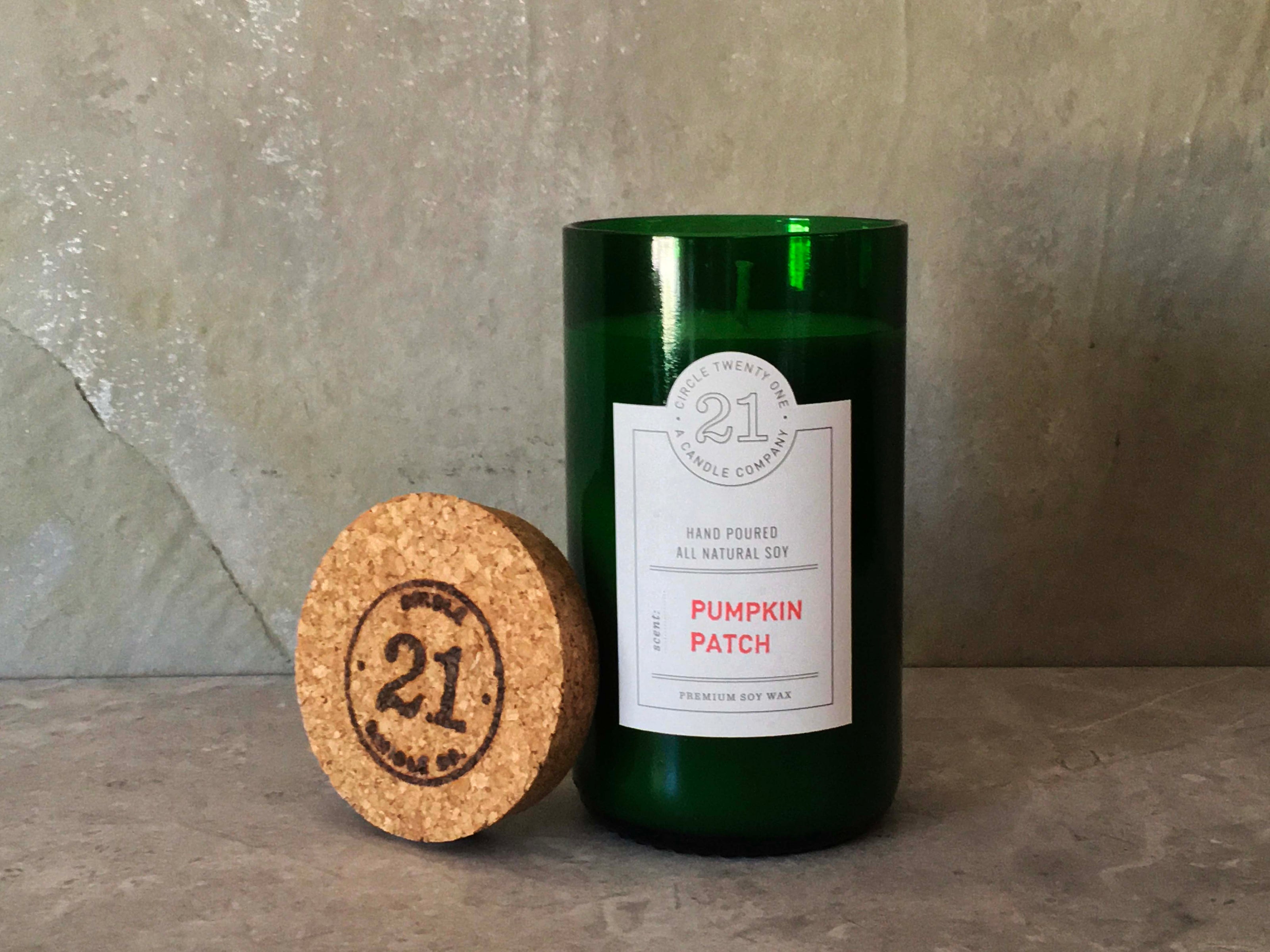 Spicy pumpkin blended with Tonka Bean and vanilla.  Hand poured into recycled wine bottle.
